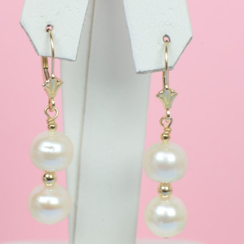 14K Yellow Gold Natural White genuine Pearl Necklace Bracelet Earrings Set