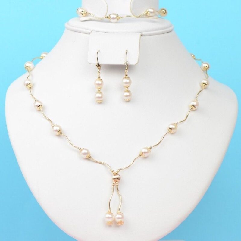 14k Yellow Gold Genuine White Pearls 3pcs Women Set