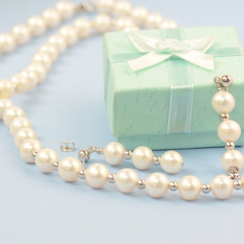 14K White Gold Natural White genuine Pearl Necklace Bracelet Earrings Set