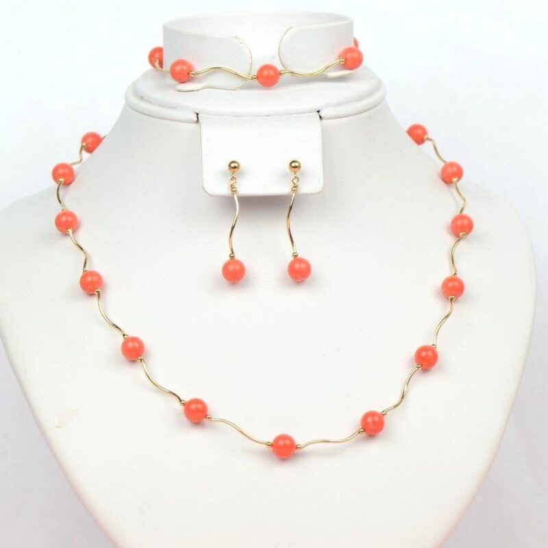 14k Yellow Gold Peach Synthetic Coral 3pcs Set