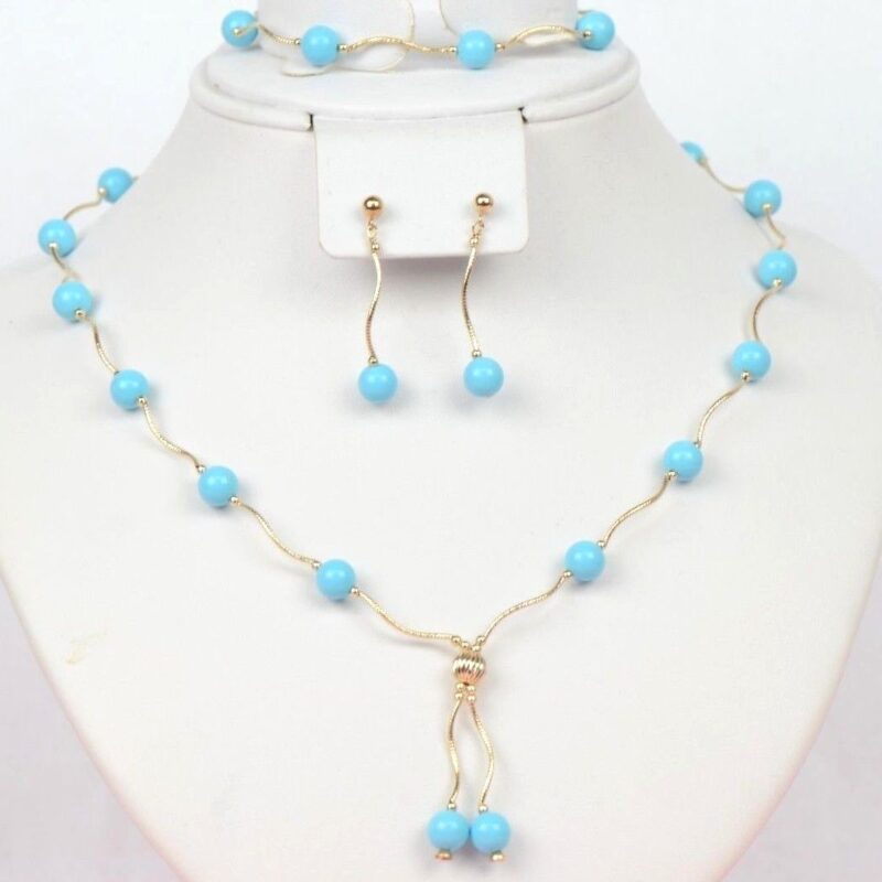 14k Yellow Gold Blue Synthetic Turquoise 3pcs Set