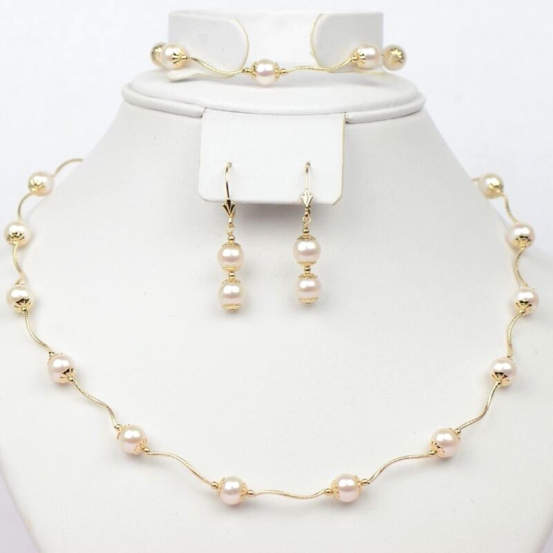 14k Yellow Gold Genuine White Pearls 3pcs Women Set