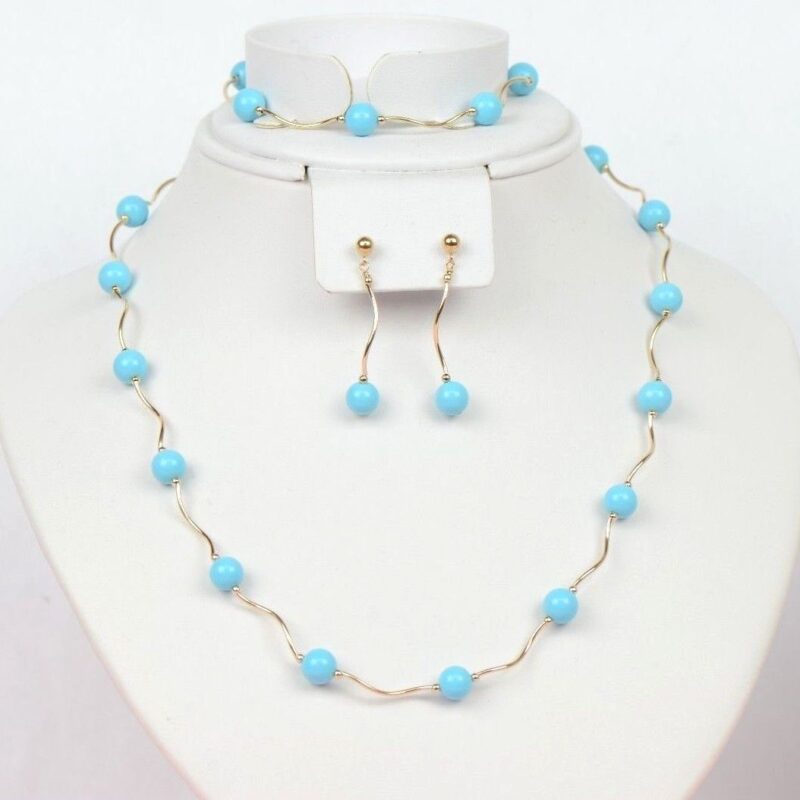 14k Yellow Gold Blue Synthetic Turquoise 3pcs Set
