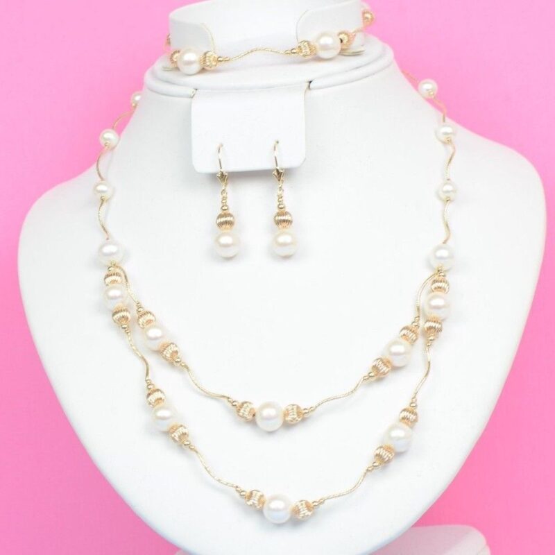 14K Yellow Gold Natural White genuine Pearl Necklace Bracelet Earrings Set