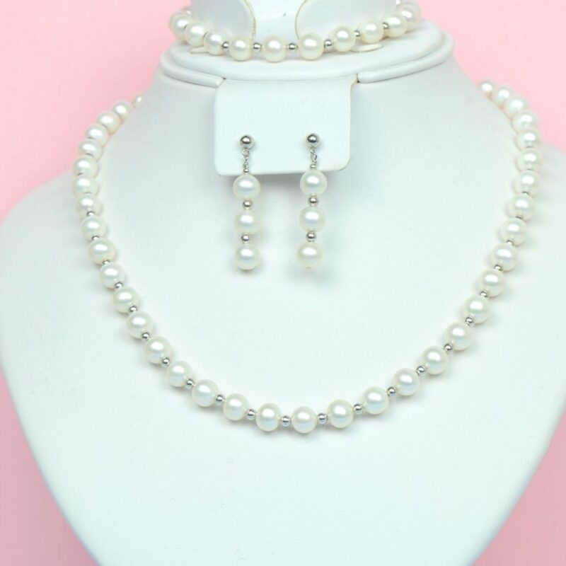 14K White Gold Natural White genuine Pearl Necklace Bracelet Earrings Set