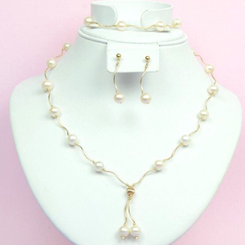 14k Yellow Gold Natural White Pearls 3pcs Women Set