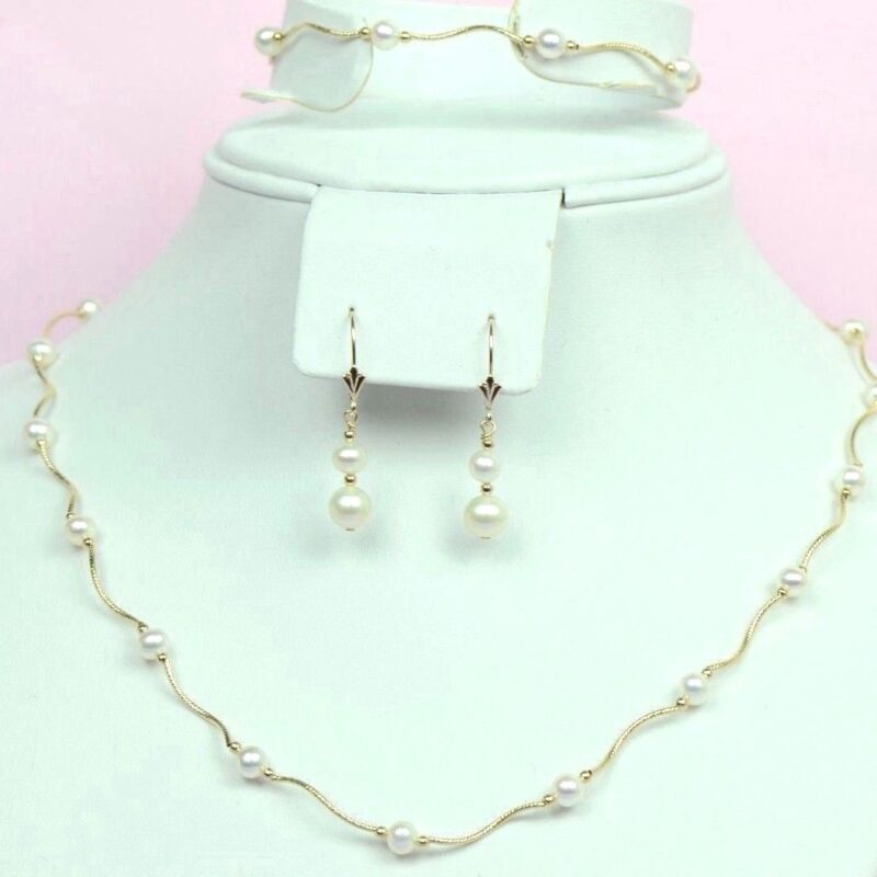 14k Gold Natural Genuine White Pearls Necklace Bracelet Earrings 3pcs Set