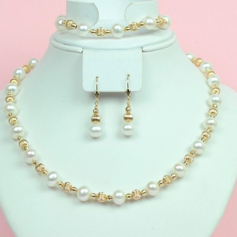 14k Yellow Gold Beautiful Genuine White Pearls 3pcs Set