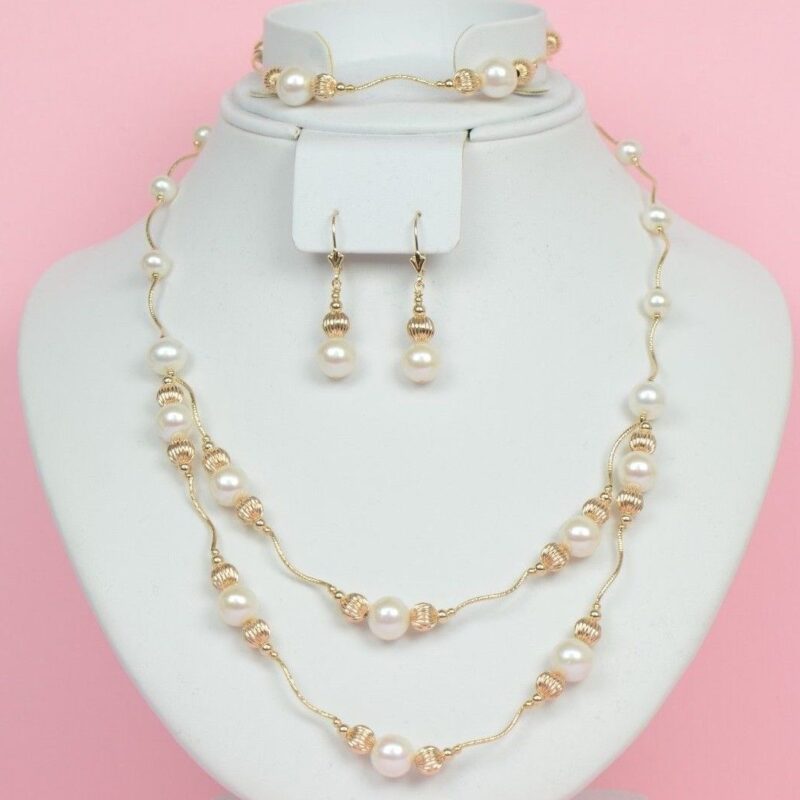 14K Yellow Gold Natural White genuine Pearl Necklace Bracelet Earrings Set