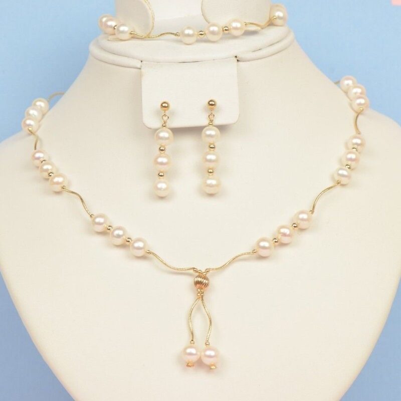 14K Gold Natural genuine White Pearl Necklace Bracelet Earrings Set