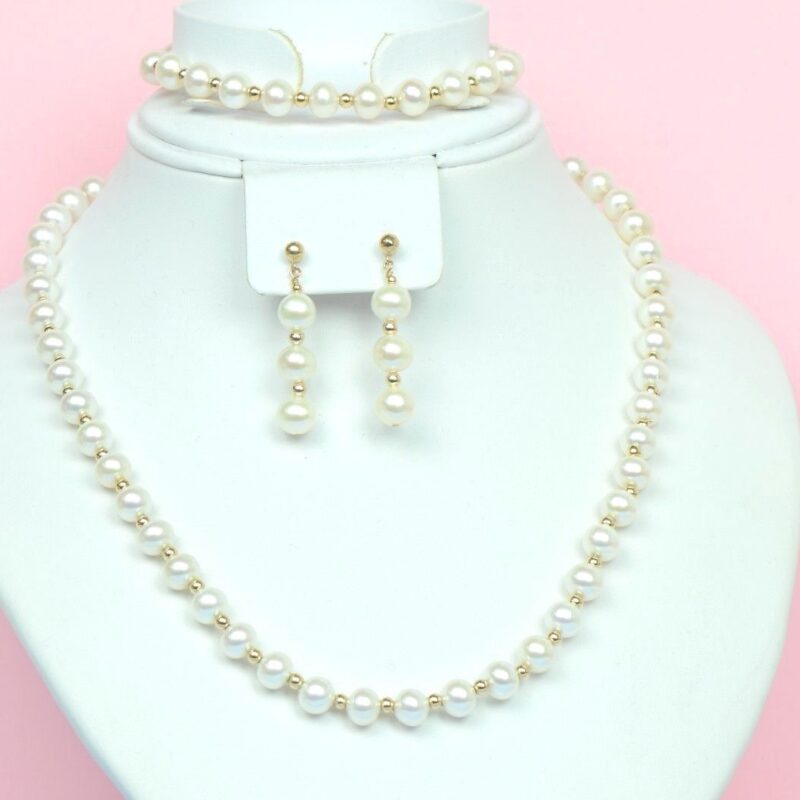 14K Yellow Gold Natural White genuine Pearl Necklace, Bracelet, Earrings Set