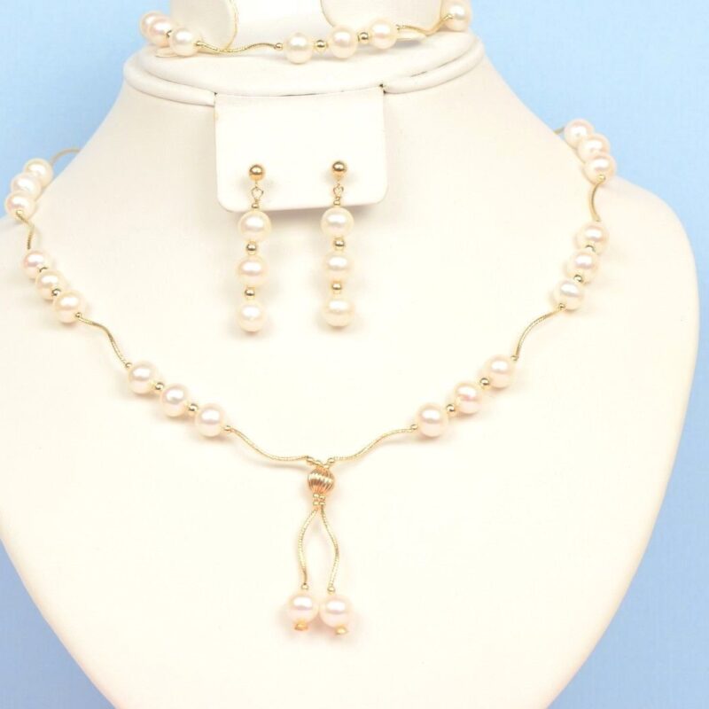 14K Gold Natural genuine White Pearl Necklace Bracelet Earrings Set