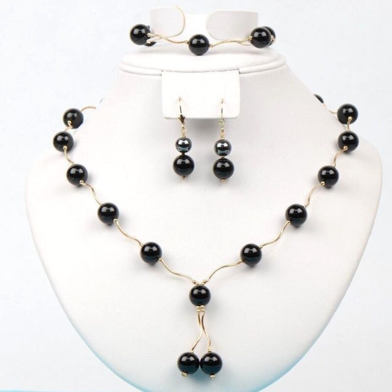 14k Gold Onyx Stone 3pcs Set Necklace Bracelet Earrings