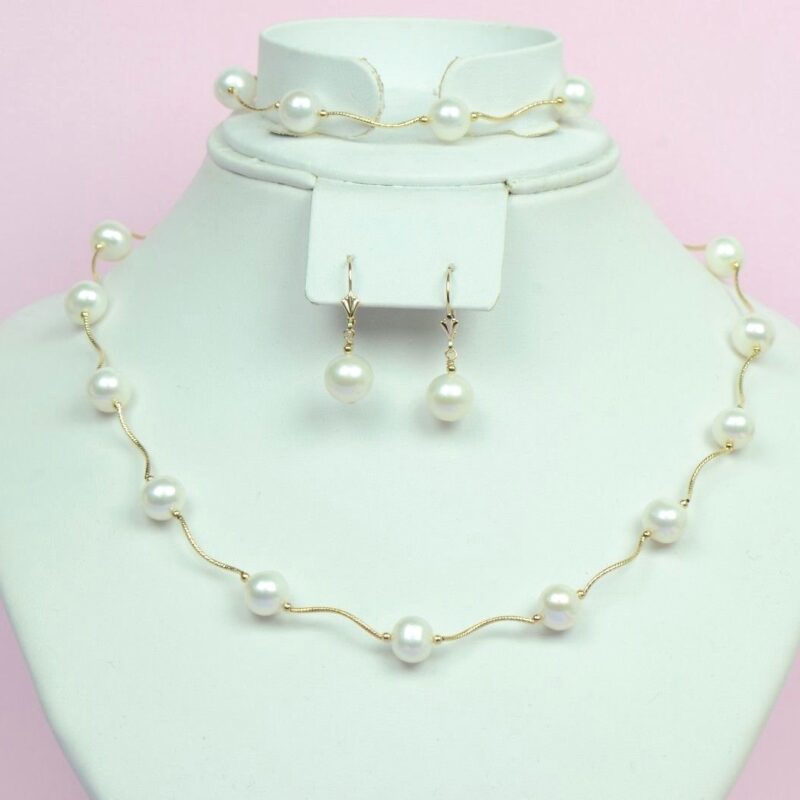 14k Gold Natural White Pearls Necklace Bracelet Earrings 3pcs Women Set