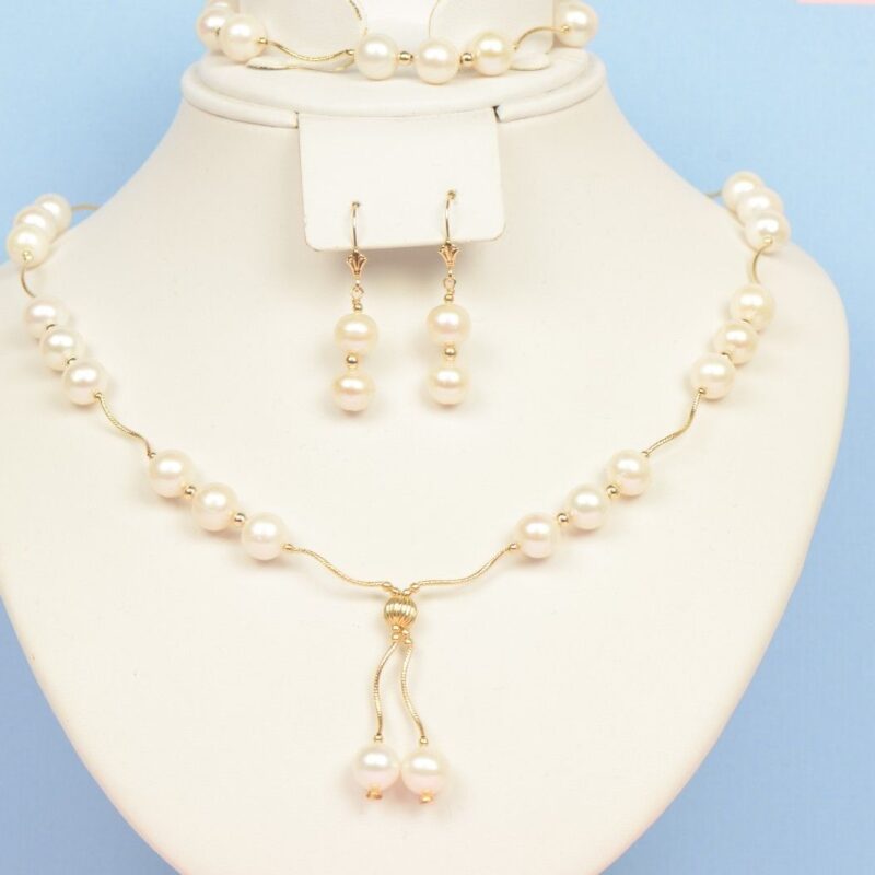 14K Yellow Gold Natural White genuine Pearl Necklace Bracelet Earrings Set
