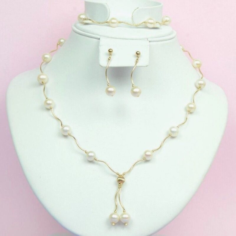 14k Yellow Gold Natural White Pearls 3pcs Women Set