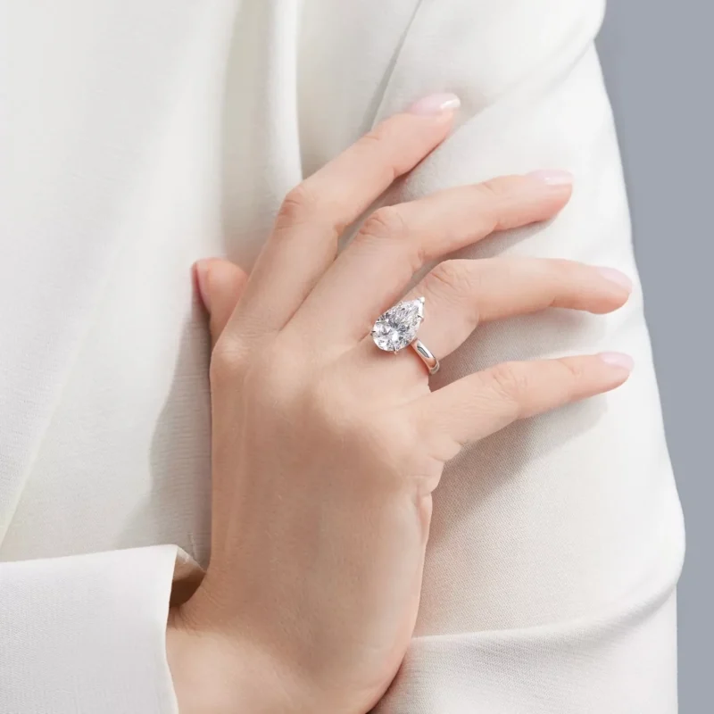 14K White Gold Solitaire Ring – 5.20 ct Lab-Created Pear Cut Diamond