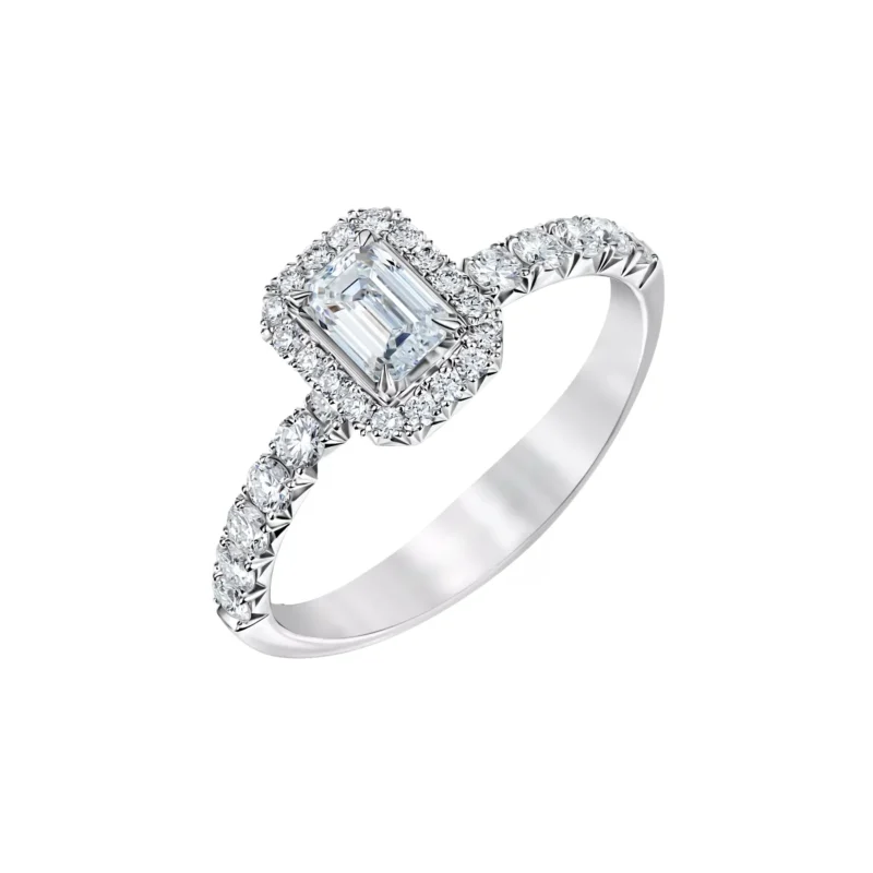 14K White Gold Halo Ring – 0.60 ct tw Lab-Created Emerald Cut Diamond