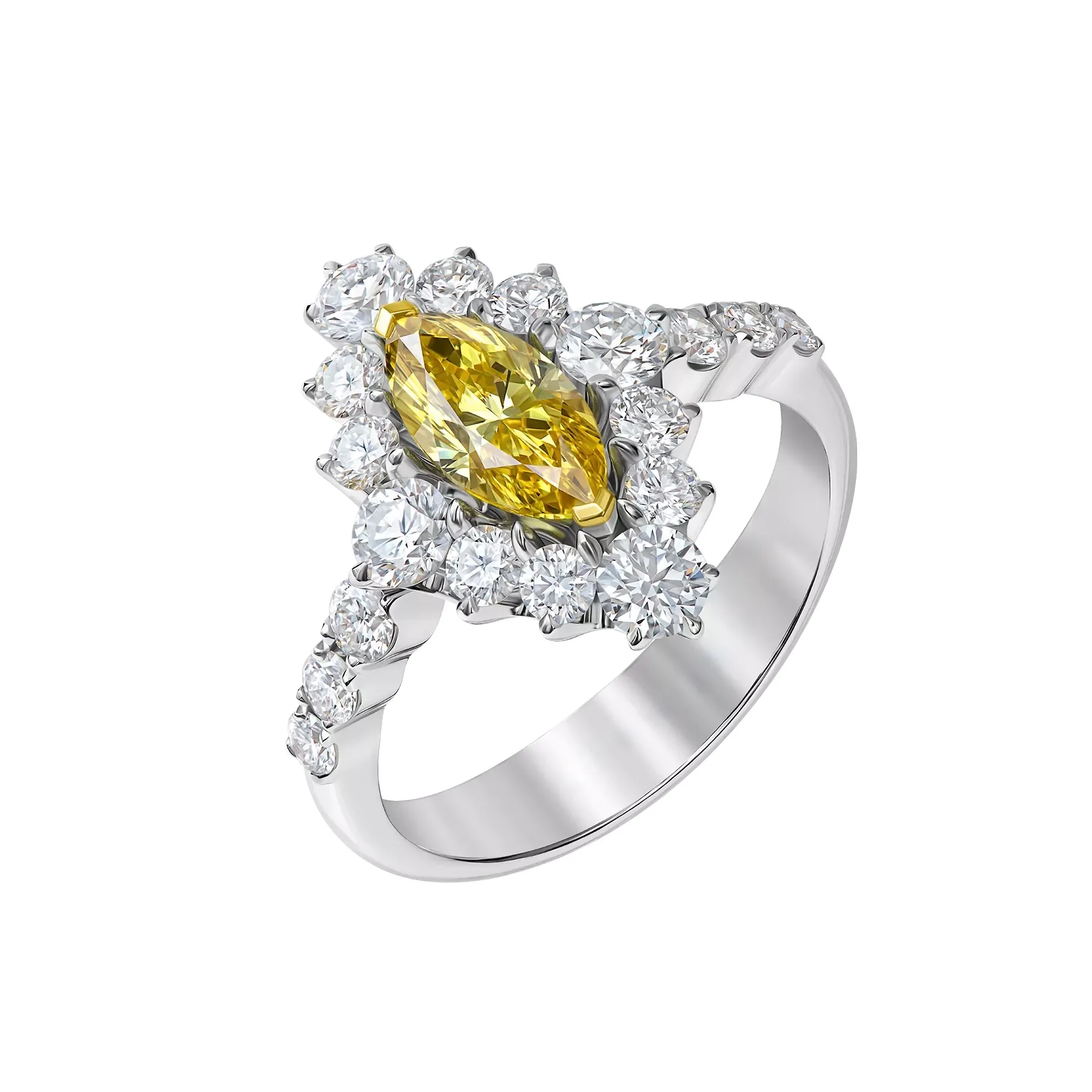 14K White Gold Fancy Yellow Marquise Diamond Halo Ring – 2.36 Carat Lab-Grown Diamonds