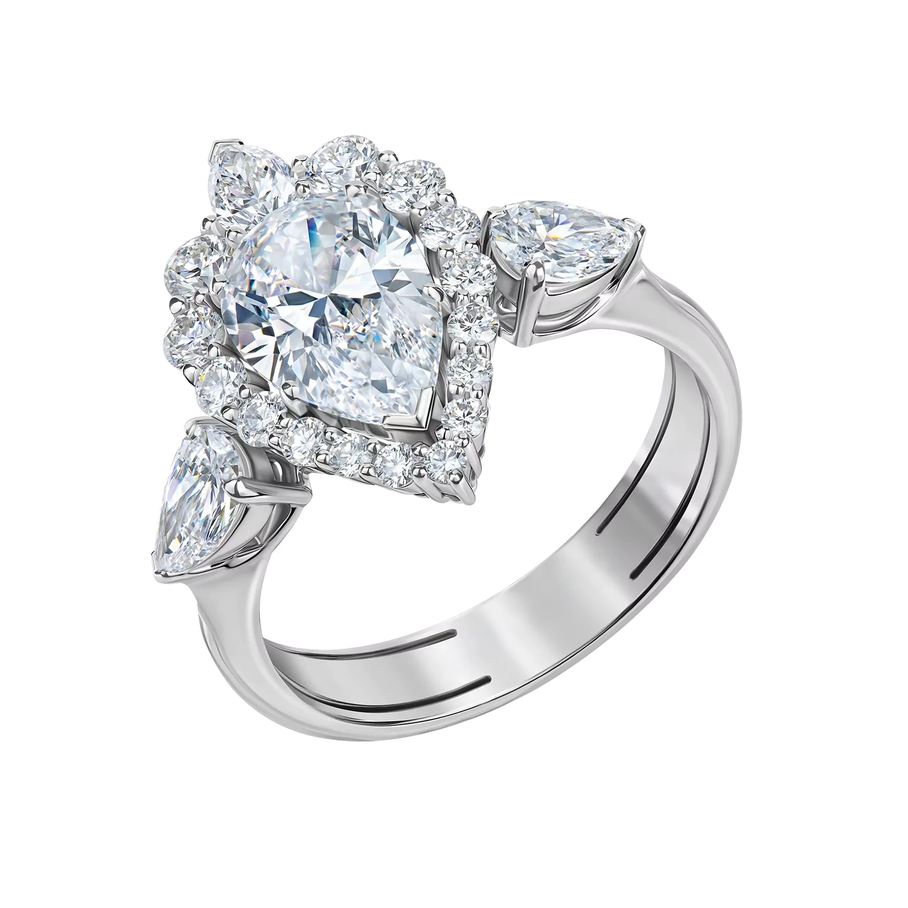 14k White Gold ring featuring a Central 2.01 ct Pear-Cut Lab-Grown Diamond