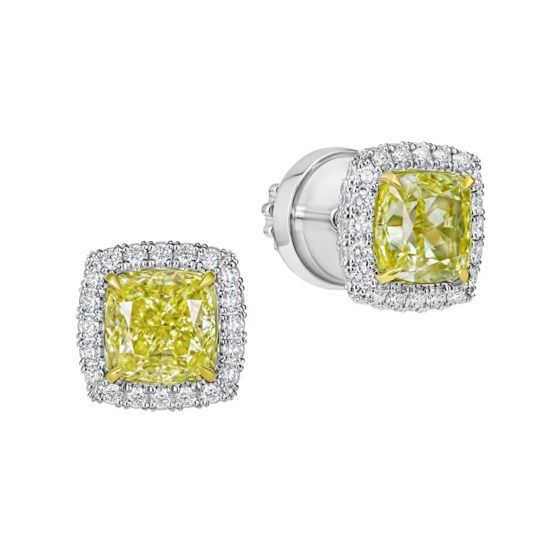 Yellow Cushion Cut Halo Earrings - 5.52 ct Lab Diamonds