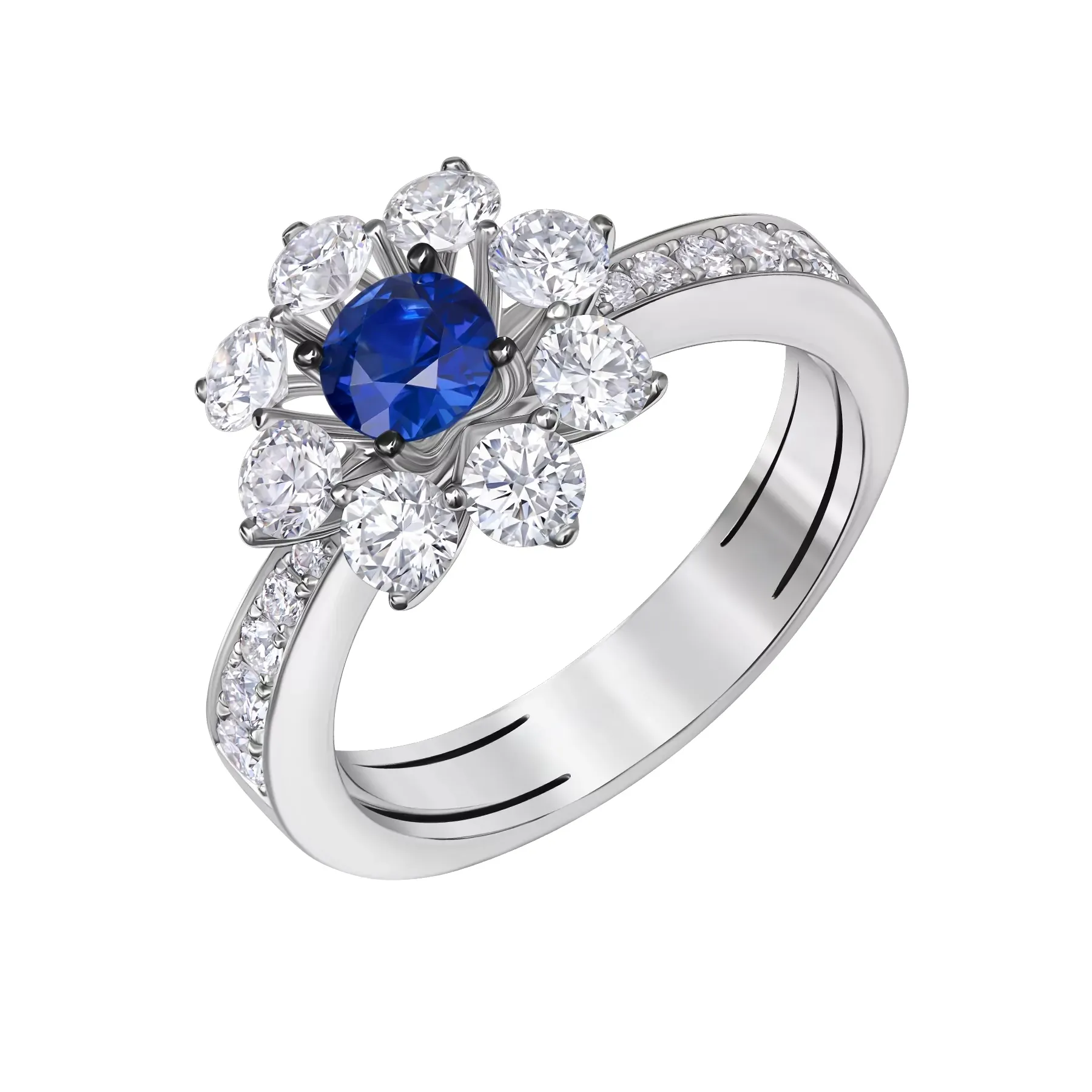 Gold Floral Ring - 1.36 ct Lab Diamonds & Sapphire