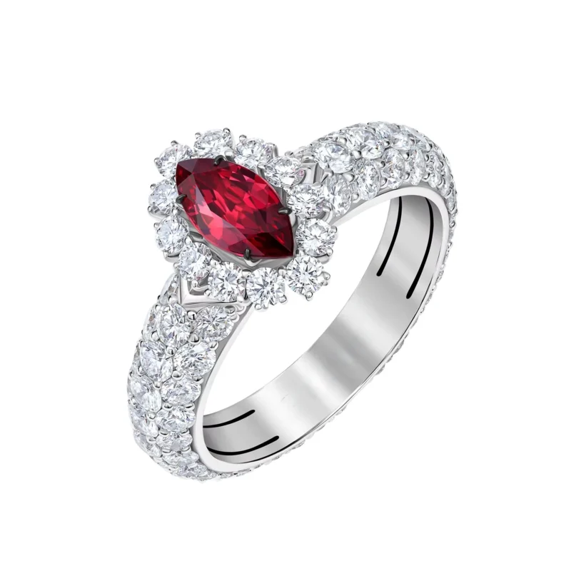 Marquise Cut Halo Ring - 3.29 ct Ruby & Lab Diamonds