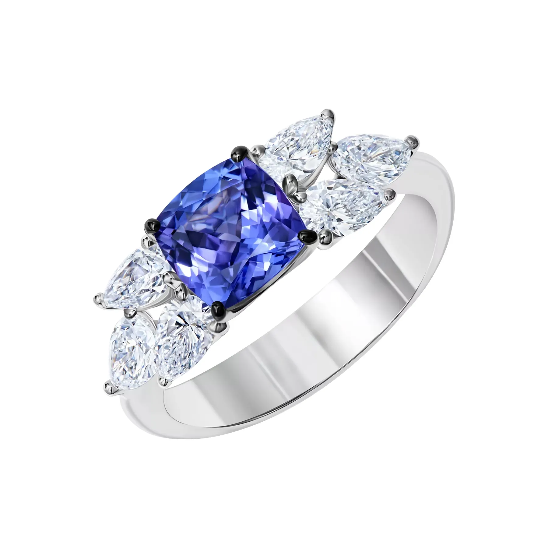 14K White Gold Ring with Cushion-Cut Tanzanite and Lab Diamonds