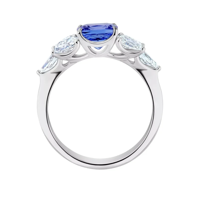 14K White Gold Ring with Cushion-Cut Tanzanite and Lab Diamonds