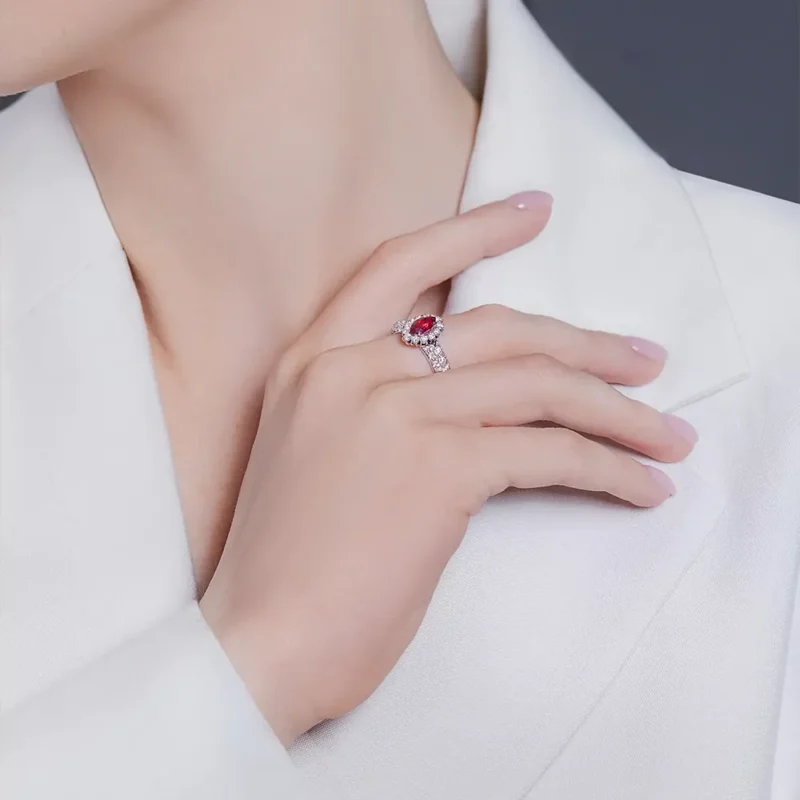 Marquise Cut Halo Ring - 3.29 ct Ruby & Lab Diamonds