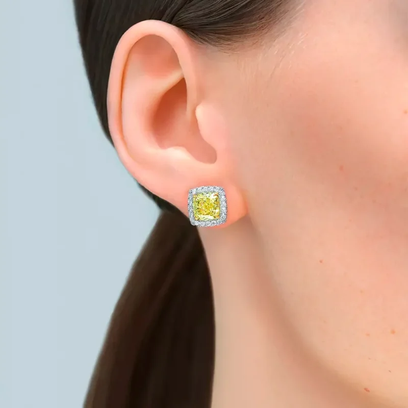 Yellow Cushion Cut Halo Earrings - 5.52 ct Lab Diamonds