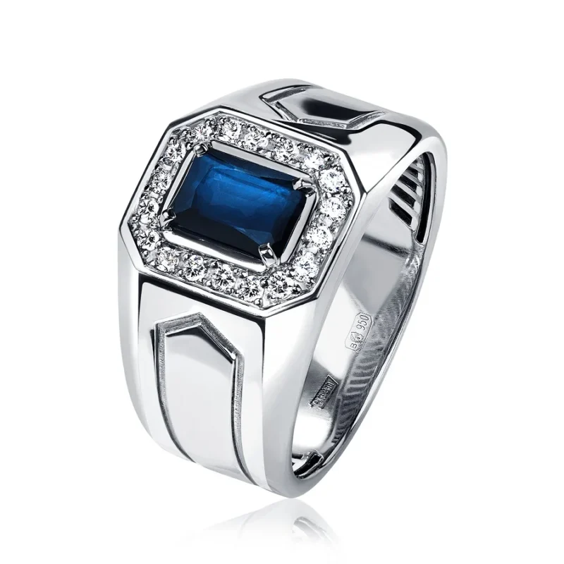 Platinum 950 Men’s Ring with Octagon Sapphire 1.10 ct and Diamonds 0.27 ct – Comfort Fit