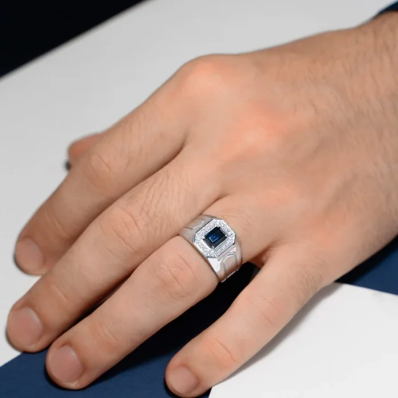 Platinum 950 Men’s Ring with Octagon Sapphire 1.10 ct and Diamonds 0.27 ct – Comfort Fit