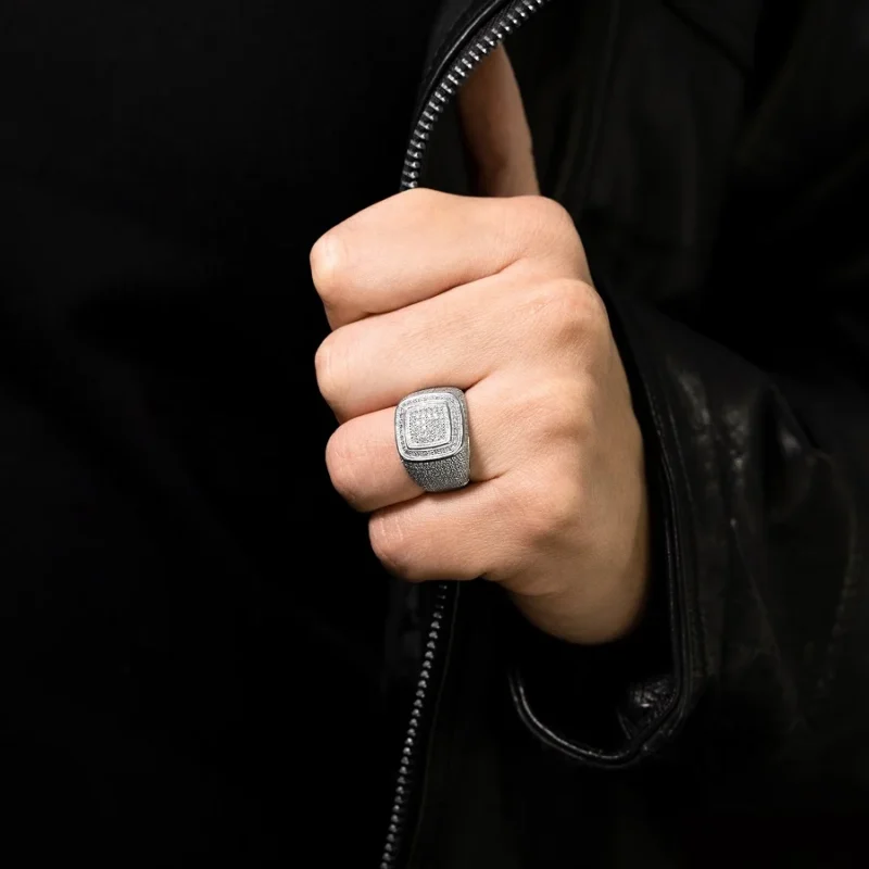 950 Platinum Men’s Ring | Heavy 19g Square Pavé Design | Luxury Comfort Fit