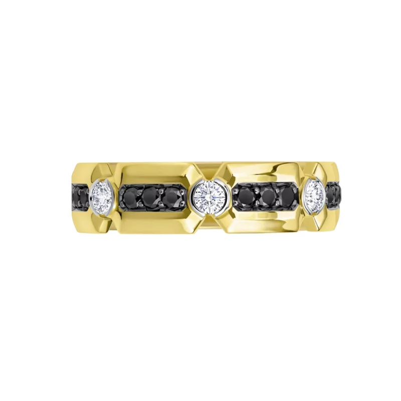 Men’s 14K Yellow Gold Ring with White and Black Diamonds – 0.82 Carat Total