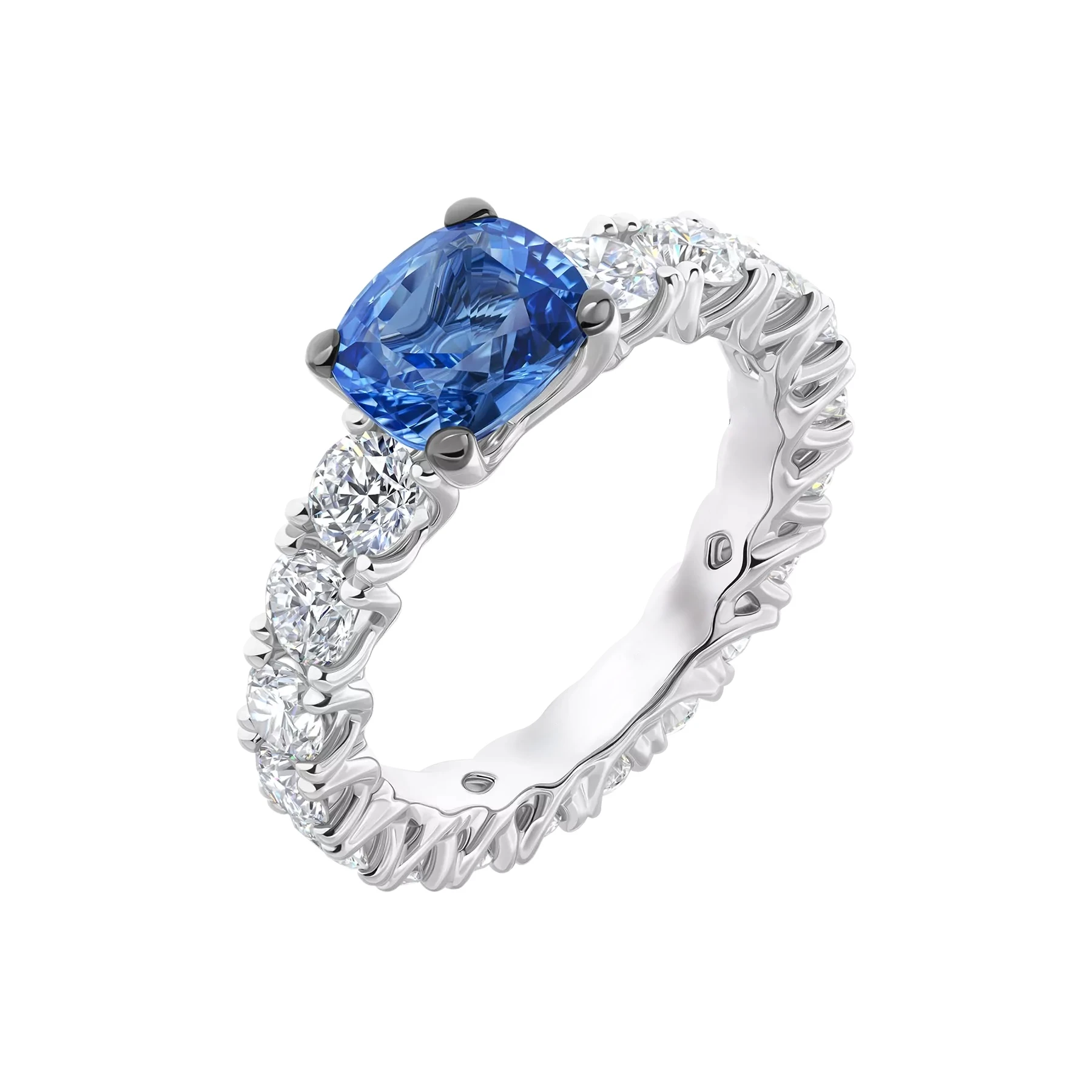 14K White Gold Sapphire and Diamond Eternity Ring – 1.37 ct Blue Sapphire & 2.65 ct Diamonds