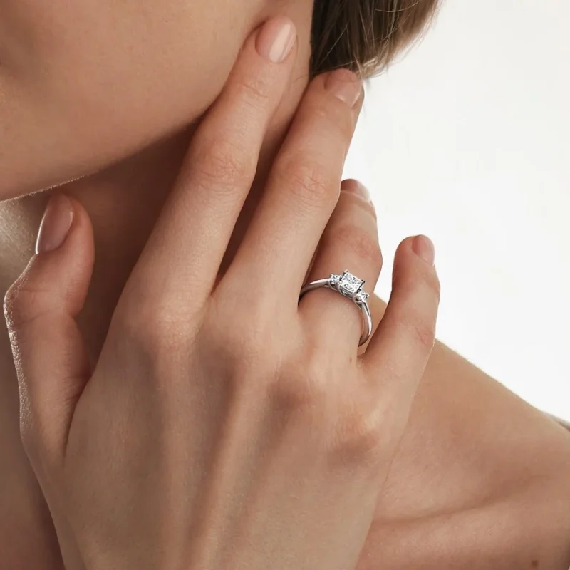 Platinum 950 Natural Diamond Engagement Ring – Princess Cut 0.60ct Three-Stone Design