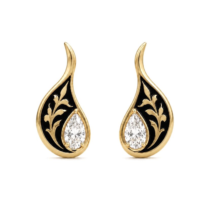 18K Gold Diamond Black Enamel Drop Earrings