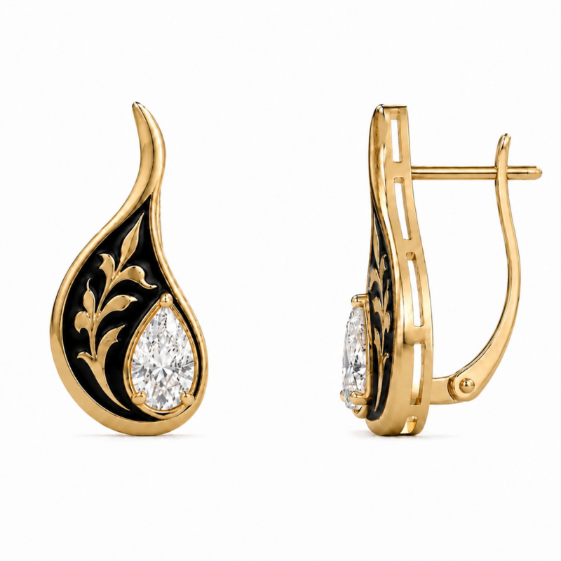 18K Gold Diamond Black Enamel Drop Earrings