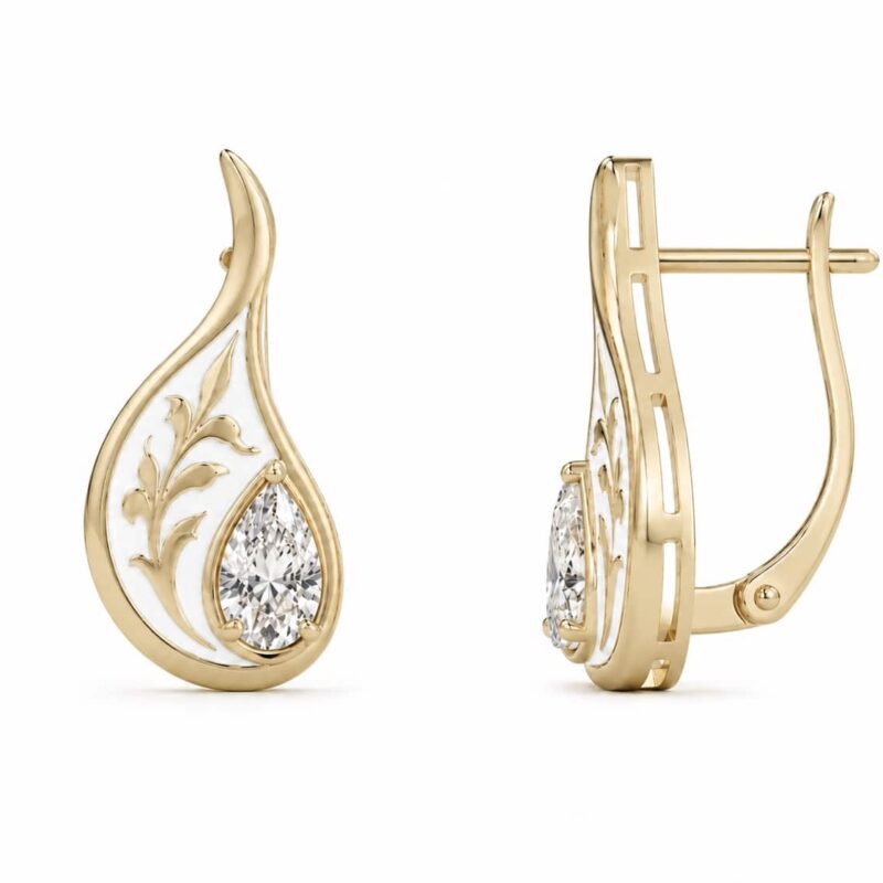 18K Gold Natural Diamond Enamel Drop Earrings