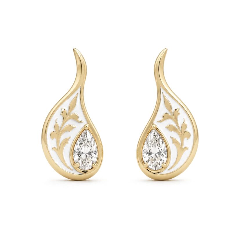 18K Gold Natural Diamond Enamel Drop Earrings