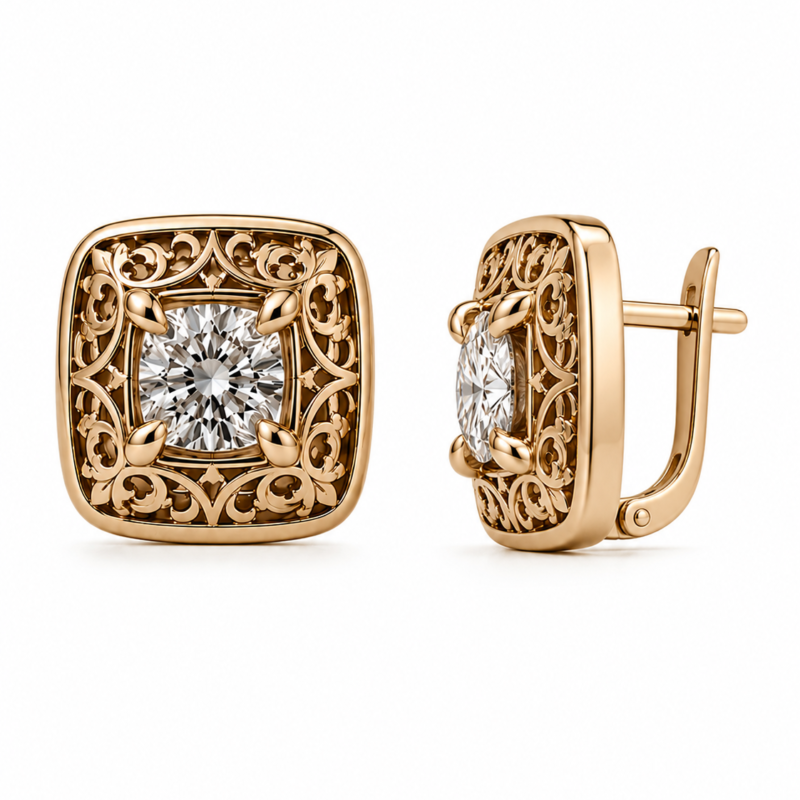 18K Gold Kubachi Diamond Stud Earrings | Handcrafted Luxury