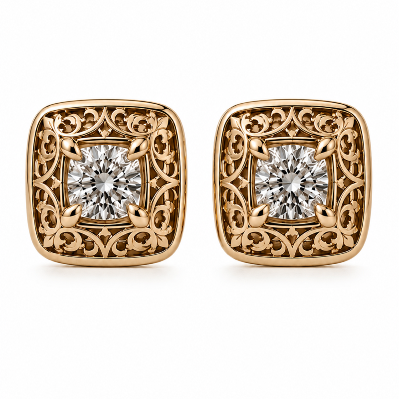 18K Gold Kubachi Diamond Stud Earrings | Handcrafted Luxury
