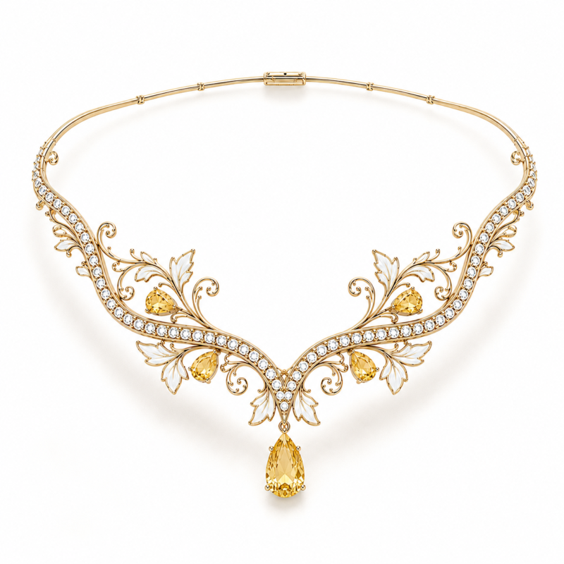 18K Solid Gold Citrine & Lab-Grown Diamond Statement Necklace | Luxury Floral Design