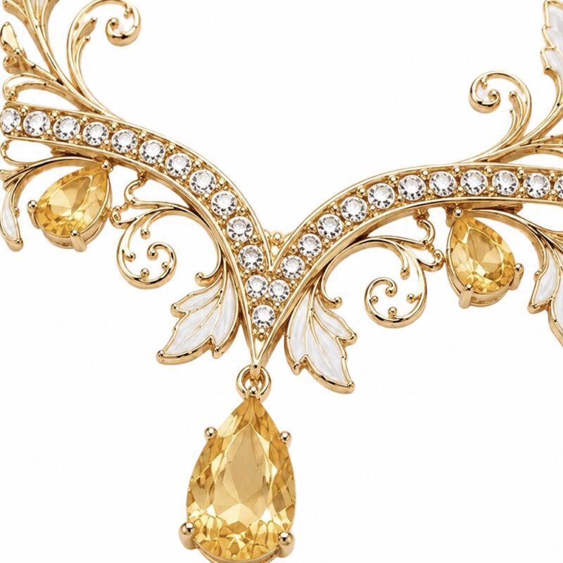 18K Solid Gold Citrine & Lab-Grown Diamond Statement Necklace | Luxury Floral Design