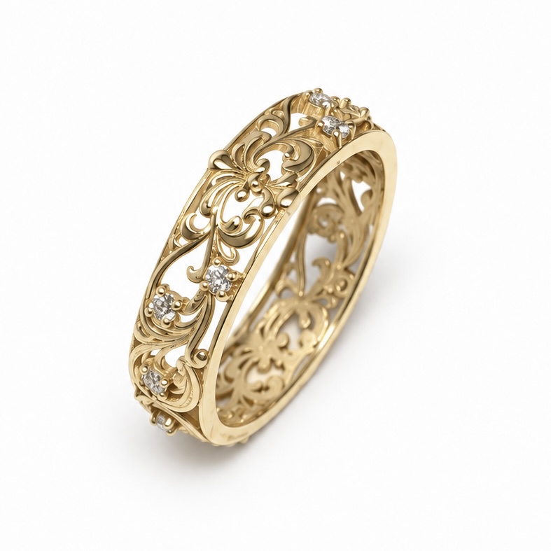 18K Yellow Gold Natural Diamond Filigree Ring – Handcrafted Floral Band