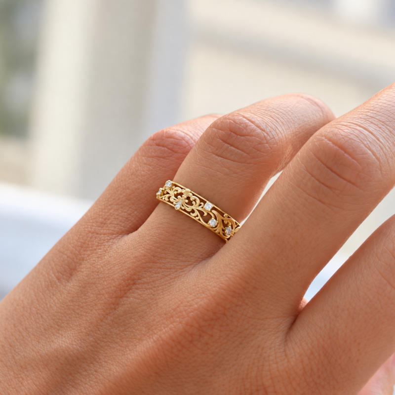 18K Yellow Gold Natural Diamond Filigree Ring – Handcrafted Floral Band