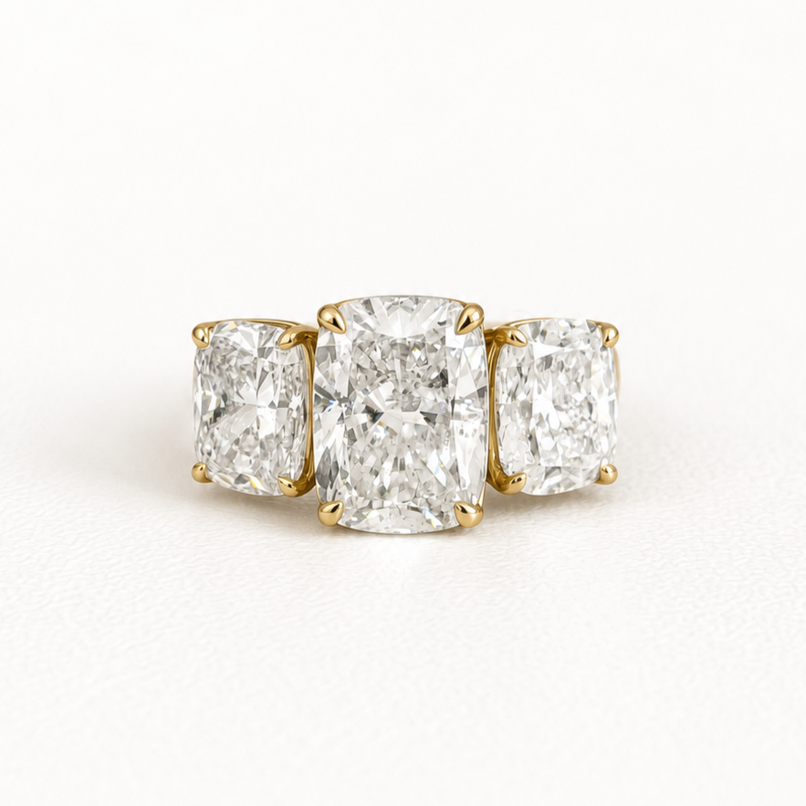Three-Stone Cushion Cut 6 CTW Ring in 14K Yellow Gold