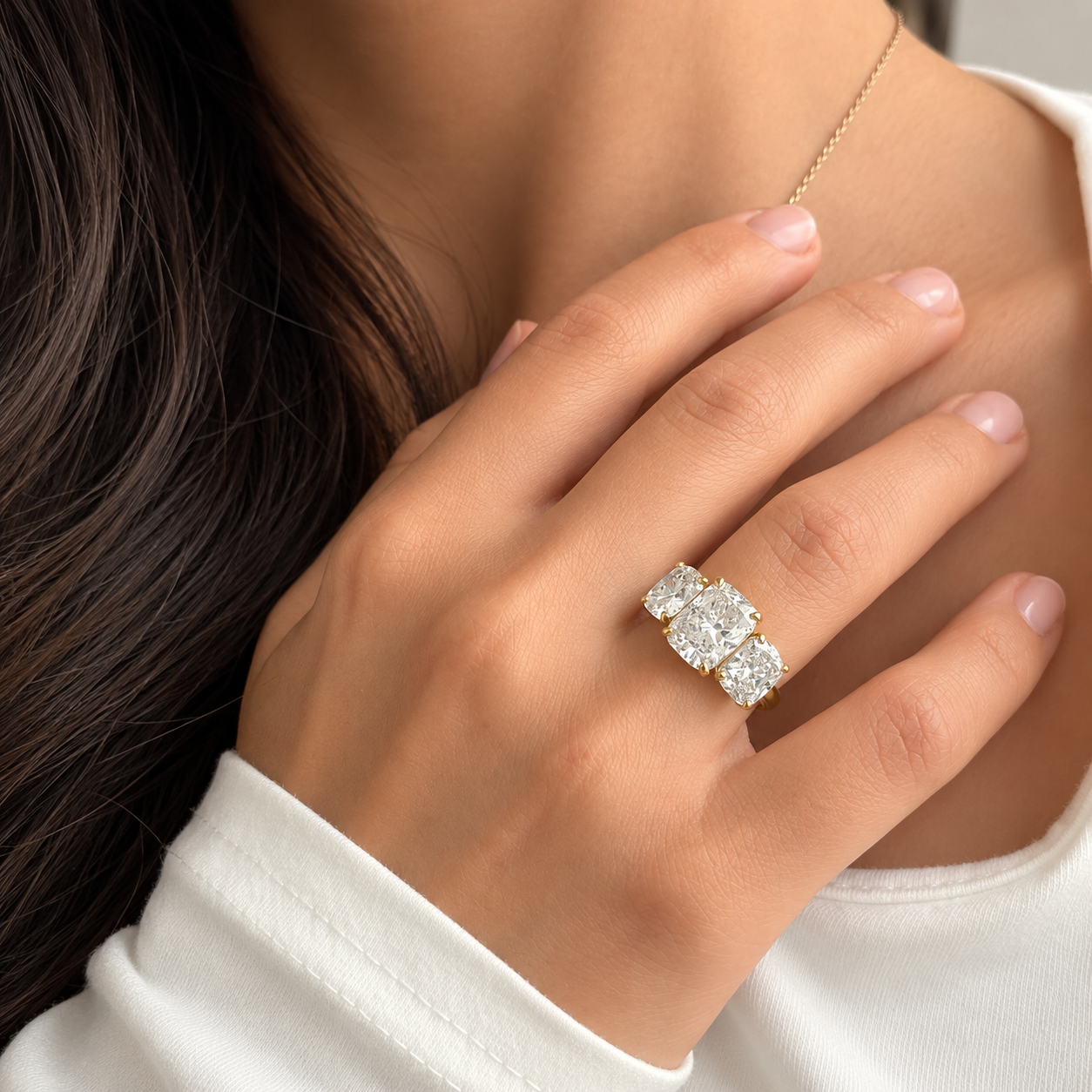 Three-Stone Cushion Cut 6 CTW Ring in 14K Yellow Gold - Image 3
